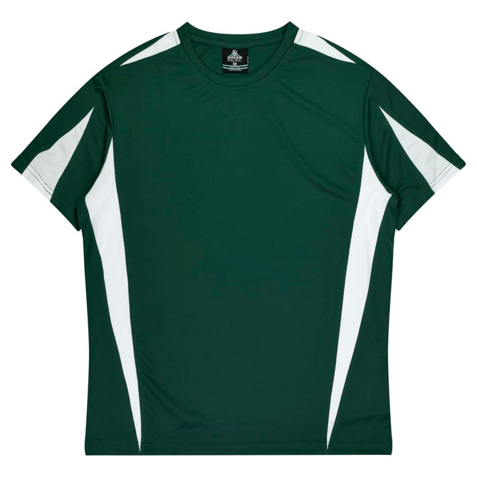 A green and white T-shirt featuring contrasting panels and a logo on the neckline.