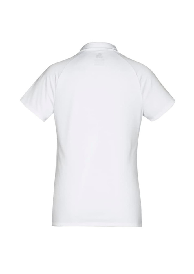 A white women's short sleeve polo shirt with a plain back and a logo on the neckline.