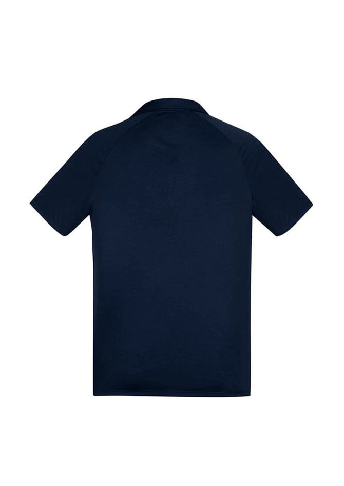 A navy short sleeve polo shirt featuring a classic collar and a back view with a logo.
