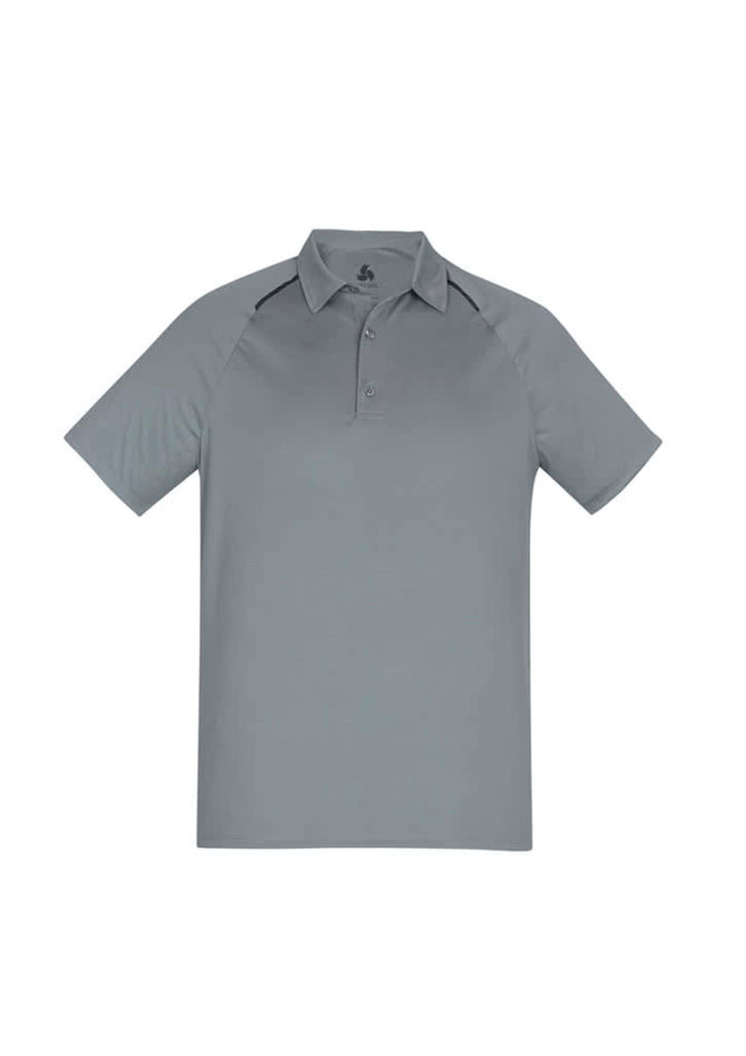 A short sleeve polo shirt in a light grey colour, featuring a collar and a logo.
