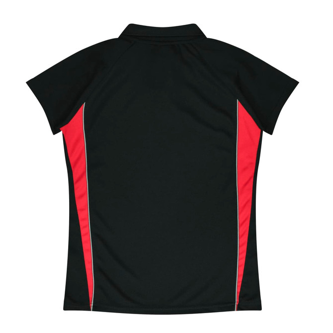 A black polo shirt with red side panels and a logo on the back.