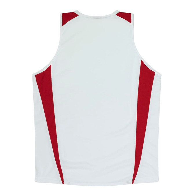 A white singlet with red side panels and a logo. The design is simple and suitable for active wear.