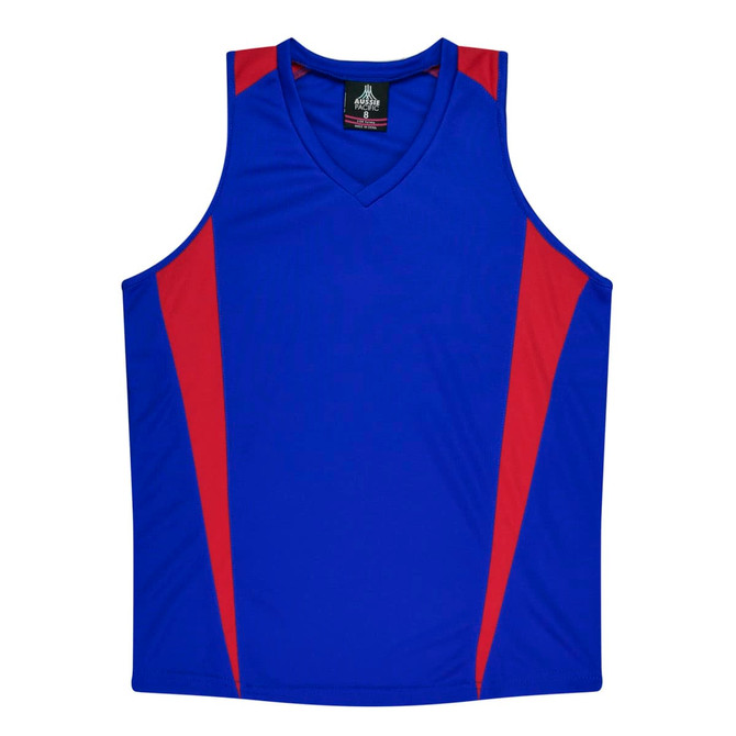 A blue singlet with red accents, featuring a v-neck design and a logo on the label.