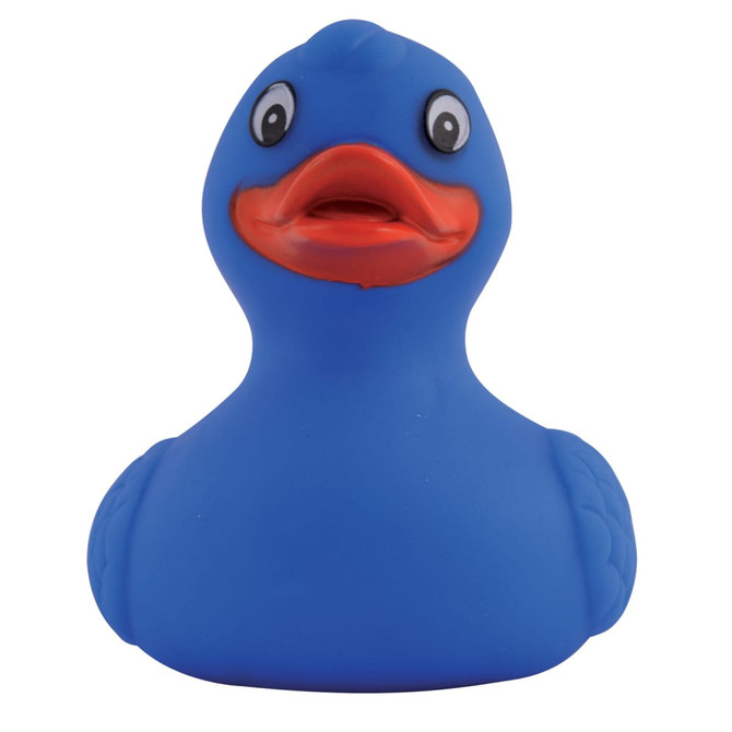 A blue rubber duck with a smiling face and large eyes, featuring a simplistic design. It has a small branding logo.