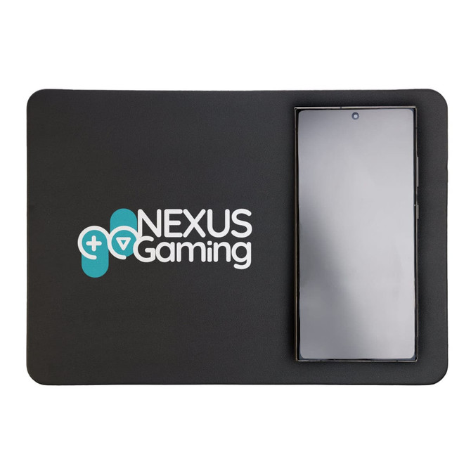 A black mouse pad with a built-in wireless charger and a smartphone placed on it, featuring a logo.