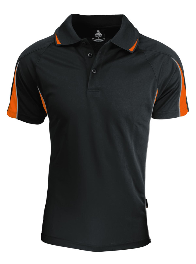 A black polo shirt with orange detailing and a collar, featuring a logo on the left side. 