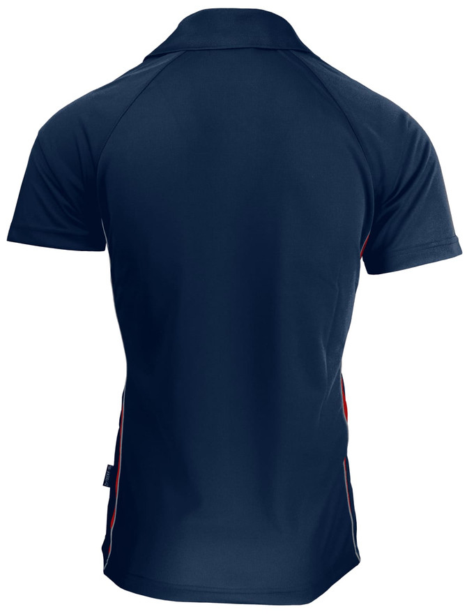 A navy blue polo shirt featuring side panels in contrasting colours and a logo on the back.