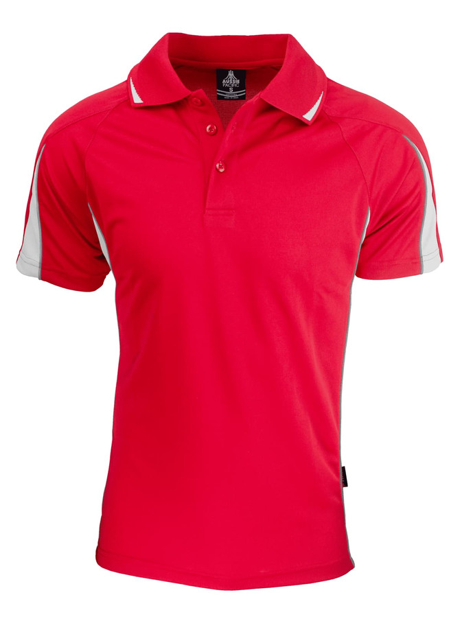 A red polo shirt with grey accents and a logo on the chest. Short sleeves and a classic collar design.