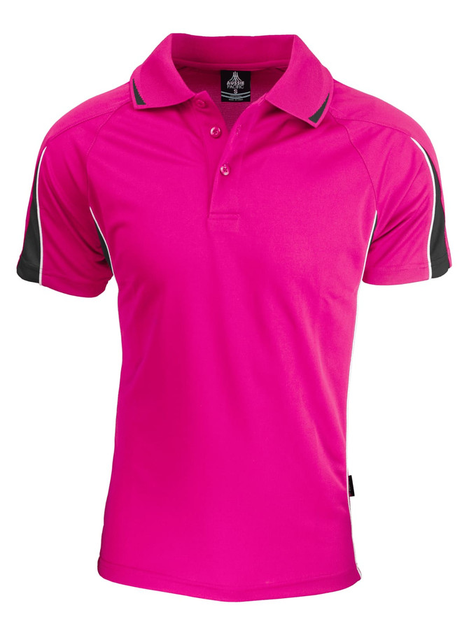 A pink polo shirt featuring black accents and a collar, with a logo on the front.