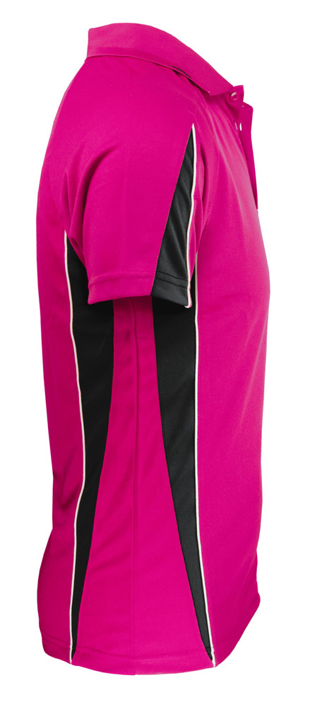 A bright pink polo shirt featuring black side panels and contrasting white trim. It has a logo on the front.