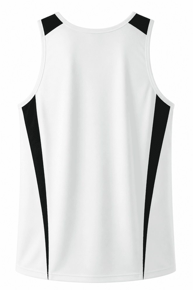 A white singlet with black side panels and a logo on the back. Suitable for casual or athletic wear.