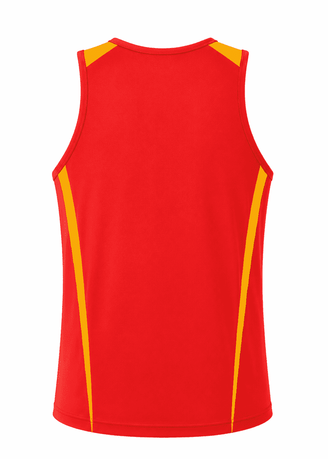 A red singlet with yellow accents and a logo at the back. Designed for men, featuring a sporty style.