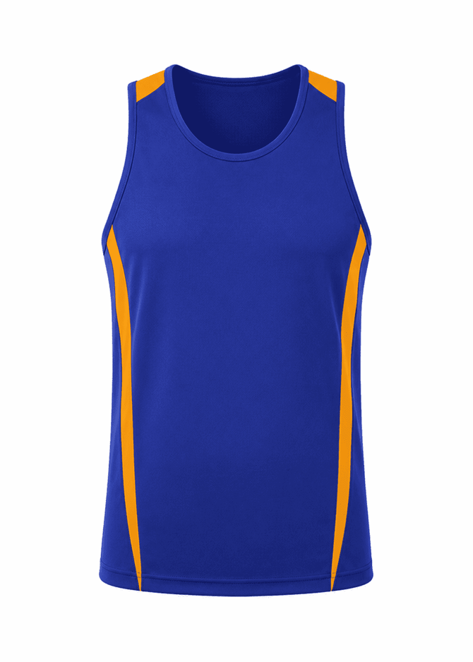 A blue singlet with orange accents and a logo. Suitable for active wear.