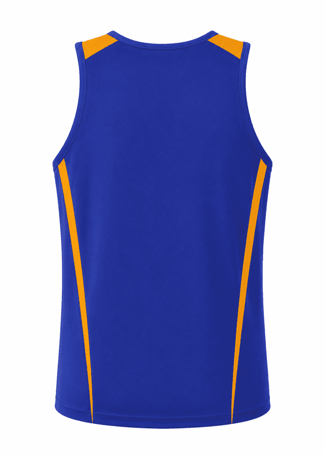 A blue singlet featuring orange accents on the shoulders and sides. The garment has a logo on the front.