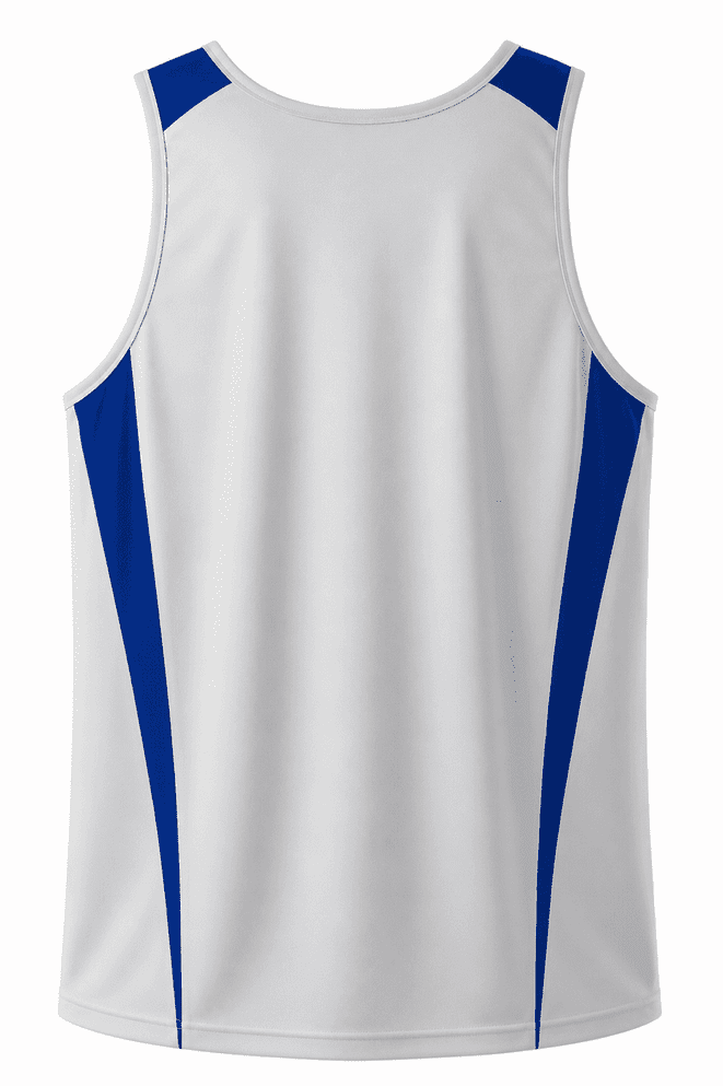 A sleeveless white singlet with blue side panels and a logo. Suitable for casual or athletic wear.