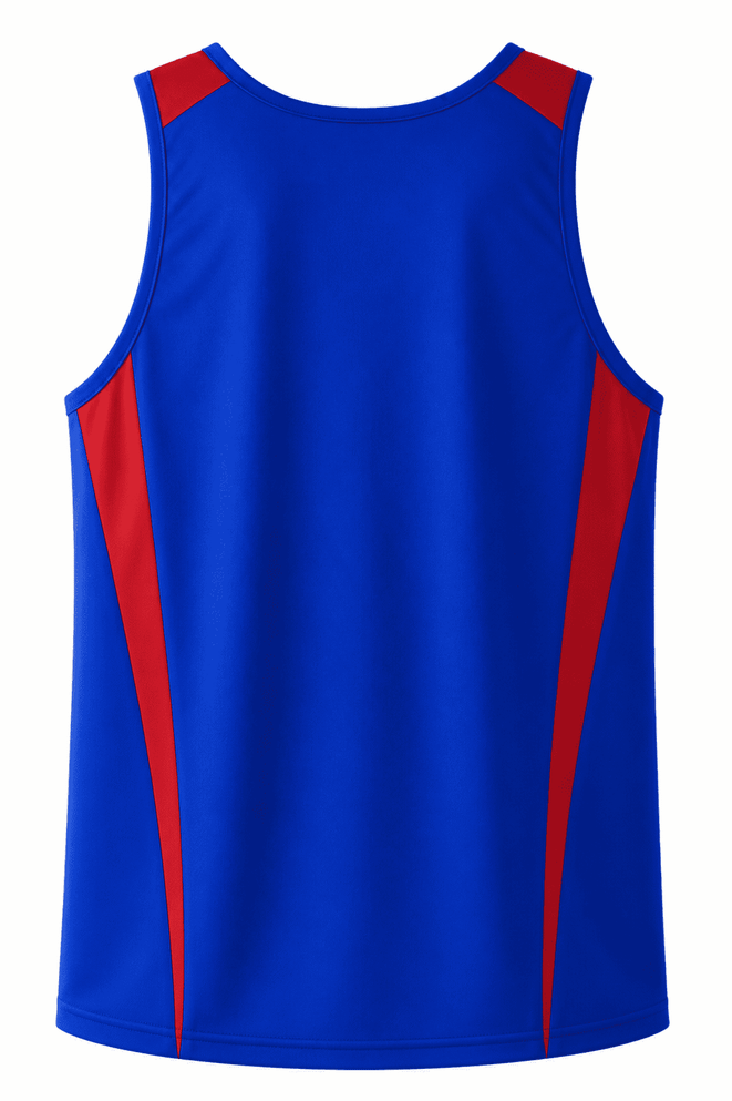A blue singlet featuring red side panels and a logo. The design is simple and straightforward, suitable for casual wear.