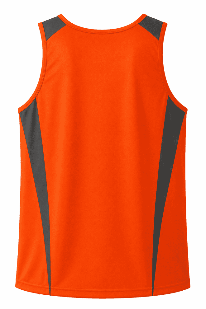 An orange singlet featuring grey side panels and a logo. Ideal for casual wear and sports activities.
