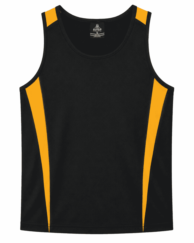 A black singlet with yellow accents, featuring a brand logo on the inside neck area.