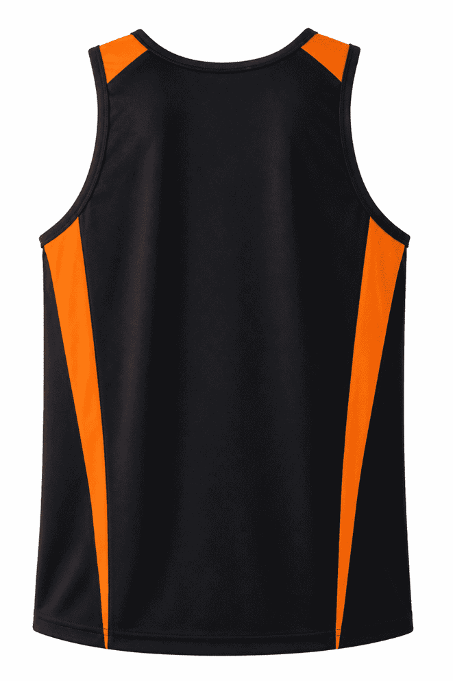 A black singlet featuring orange panels on the sides and a branding logo on the back.