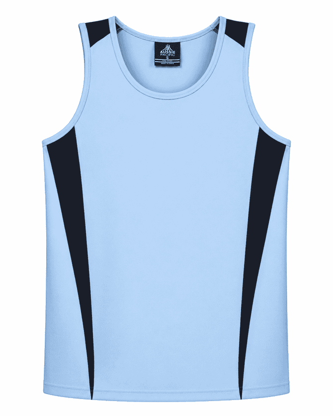 Light blue singlet featuring black side panels and a branding logo on the neckline. Suitable for casual wear.