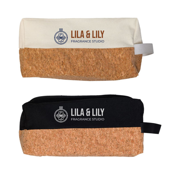 A cotton and cork utility pouch featuring cream and black colour options, with a logo on each side.