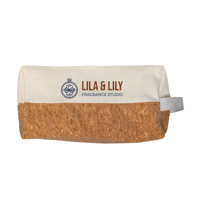 A cotton pouch in cream and cork, featuring a logo, with a handy carrying strap.