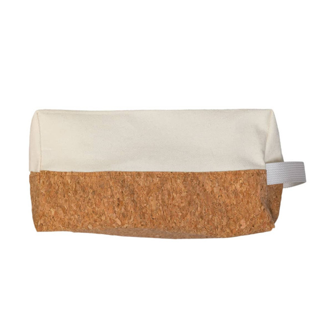 A rectangular utility pouch in cream and cork, featuring a grey handle and a logo. Ideal for storage and organisation.
