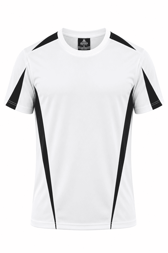 A white T-shirt with black accents and a logo on the neckline, designed as a men's activewear top.