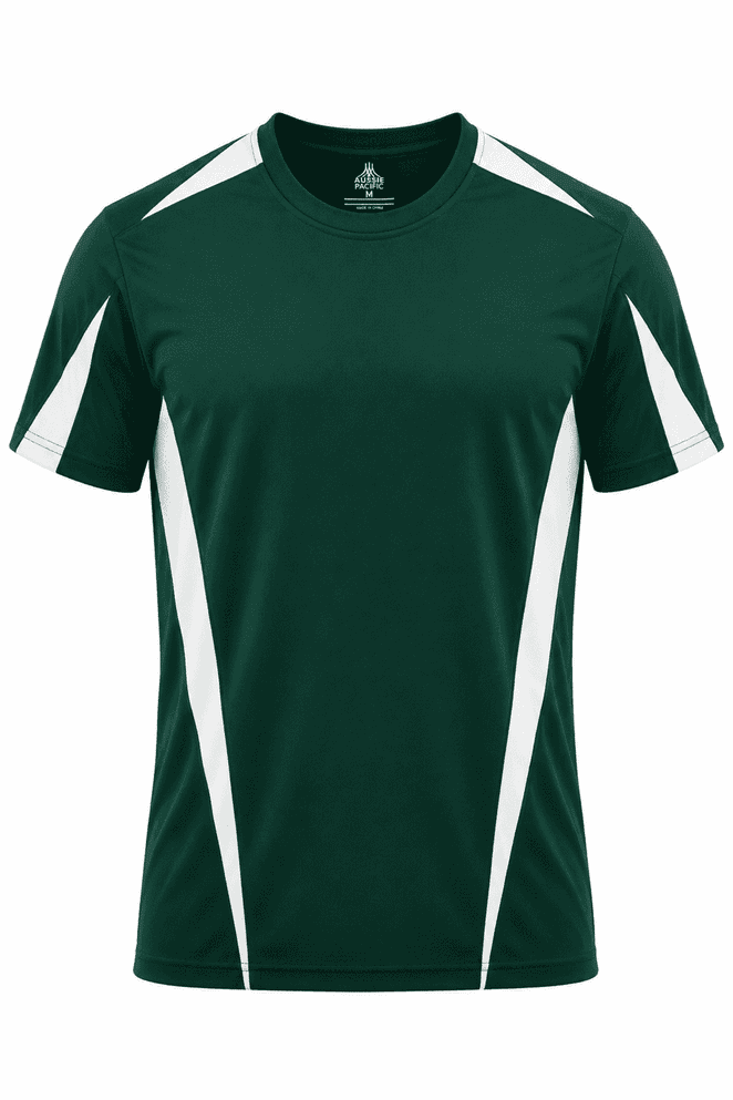 A dark green men's t-shirt with white side panels and short sleeves. It features a logo on the front.