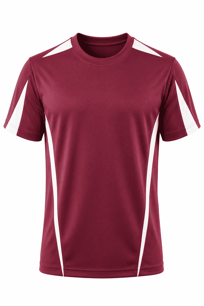 A maroon men's T-shirt featuring white accents and a logo. Suitable for casual wear.