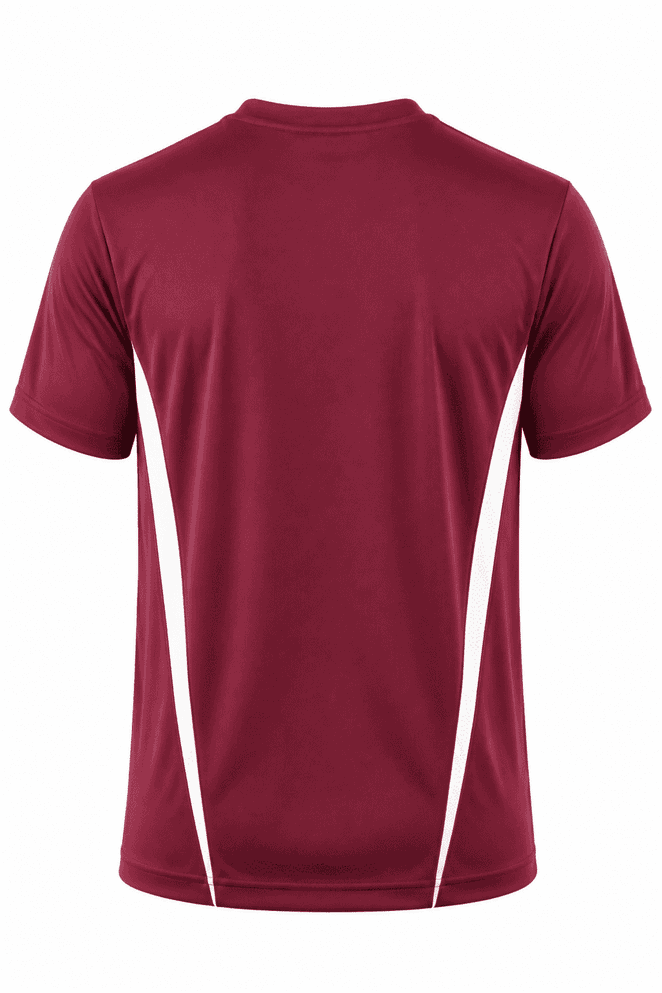 A maroon men's t-shirt featuring white side panels and a logo on the back.