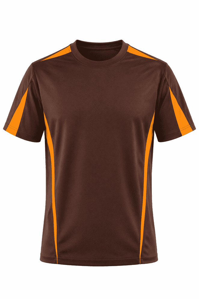 A brown T-shirt with orange accents and a logo on the front, designed for men's wear.