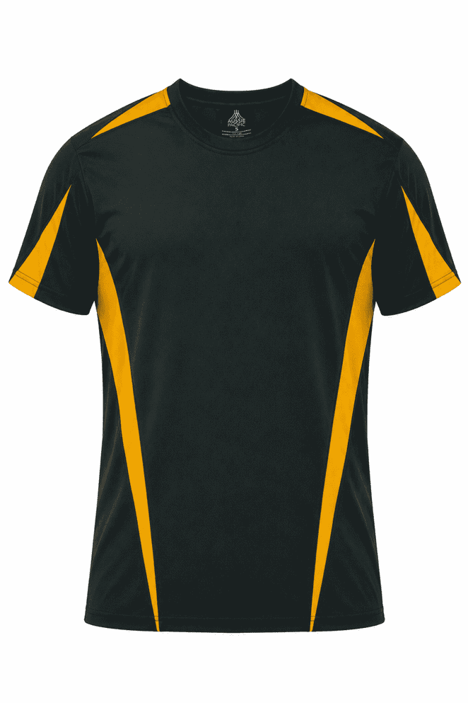 A black and yellow men's t-shirt featuring a logo on the neckline and contrasting side panels.