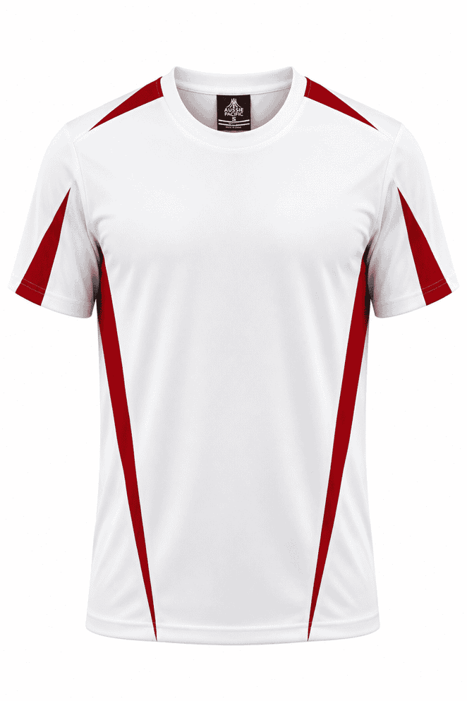 A white t-shirt featuring red side accents and a branding logo. Suitable for casual wear or team activities.