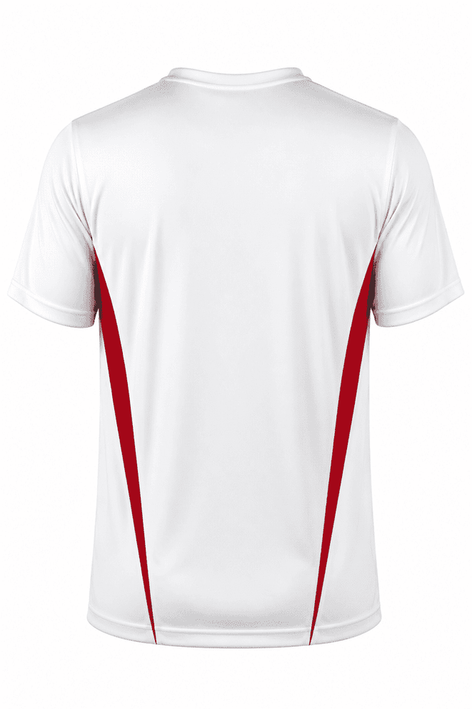 A white men's T-shirt with red side panels and a logo. Suitable for casual wear or promotional events.