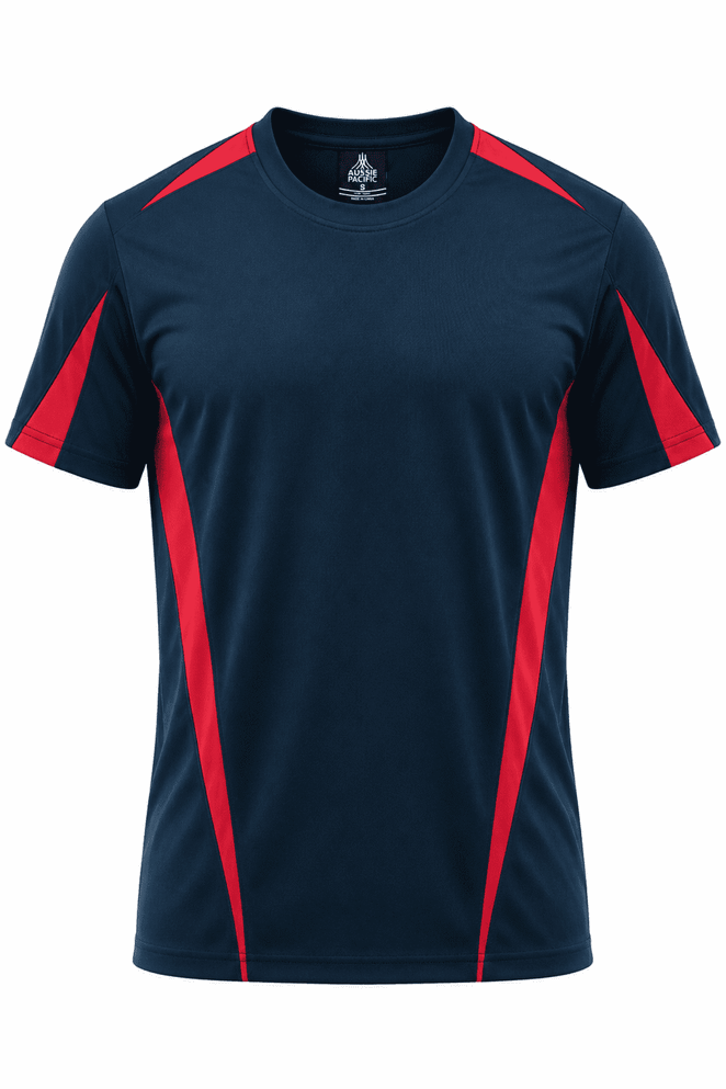 A navy blue t-shirt with red accents and a logo on the upper chest. Suitable for casual wear.