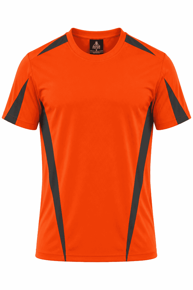An orange T-shirt with black detailing and a logo on the neckline. Suitable for casual wear.