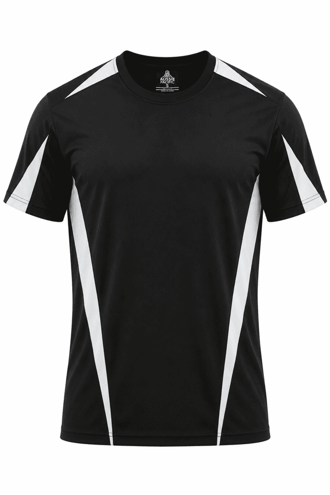 A black T-shirt featuring white accents along the sides and a logo at the neckline.