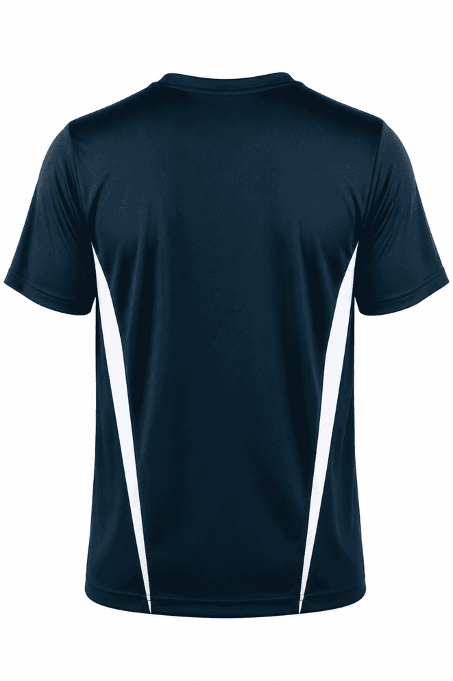 A navy blue men's t-shirt featuring white side panels and a logo on the back.