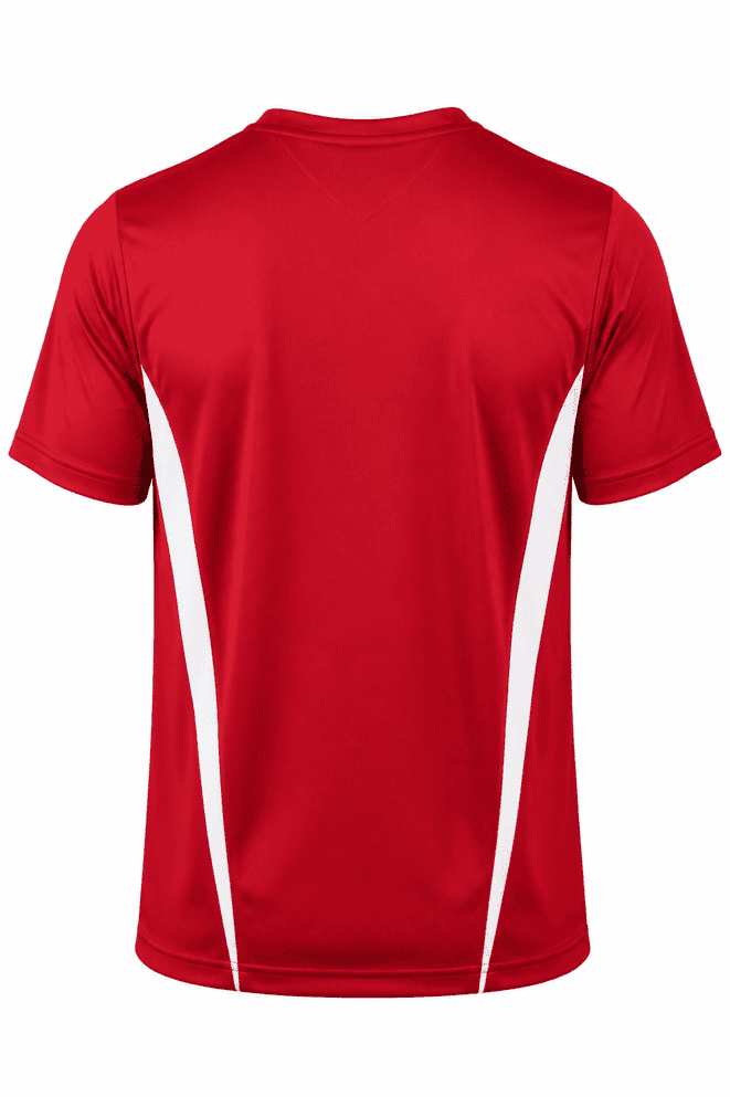 A red men's T-shirt featuring white side panels and a logo. Short sleeves and a sporty design.