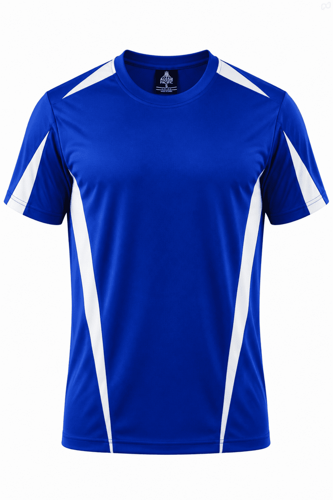A blue men's T-shirt featuring white accents and a logo on the label.