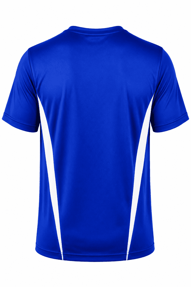 A blue men's t-shirt featuring white side panels and a logo on the back.