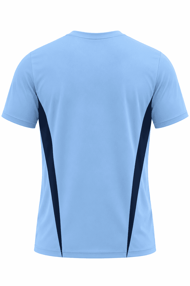 A light blue men's t-shirt featuring dark navy side panels and a logo.