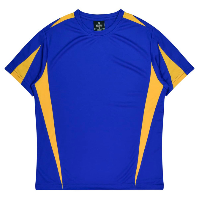 A blue and yellow EUREKA men's T-shirt featuring contrasting panels and a logo.