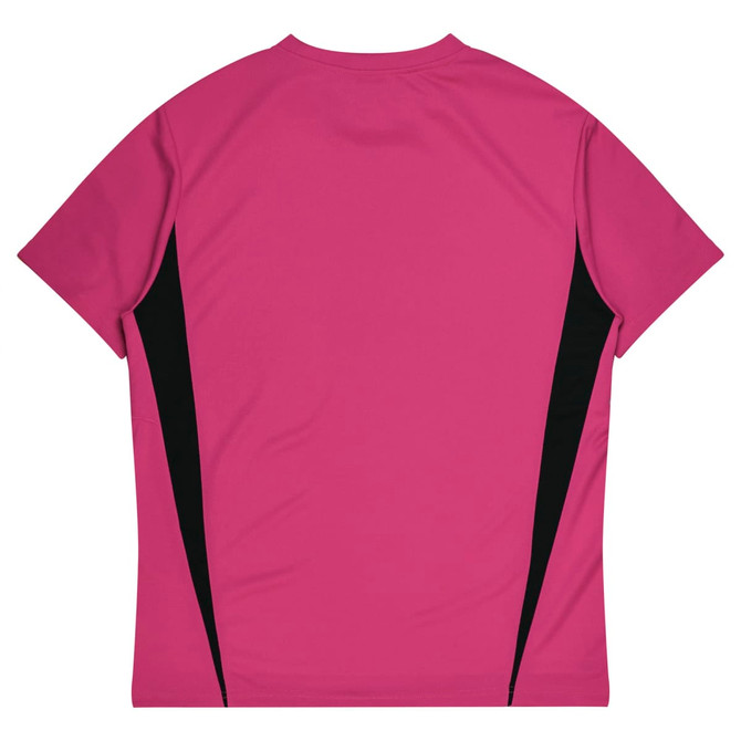 A bright pink T-shirt features black side accents and a simple design, suitable for children's wear.
