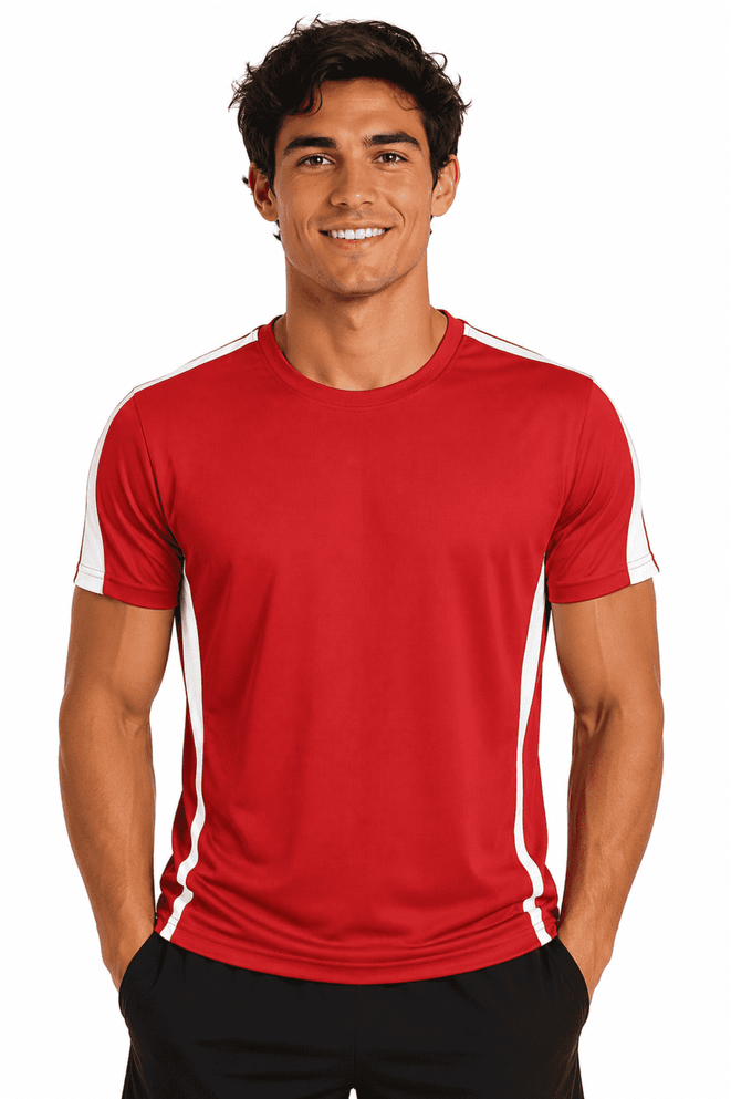 A red men's t-shirt with white stripes along the sides, featuring a logo on the chest.