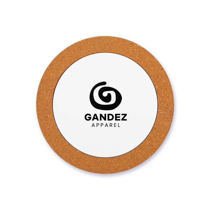 A circular cork coaster featuring a white surface with a logo printed in black.
