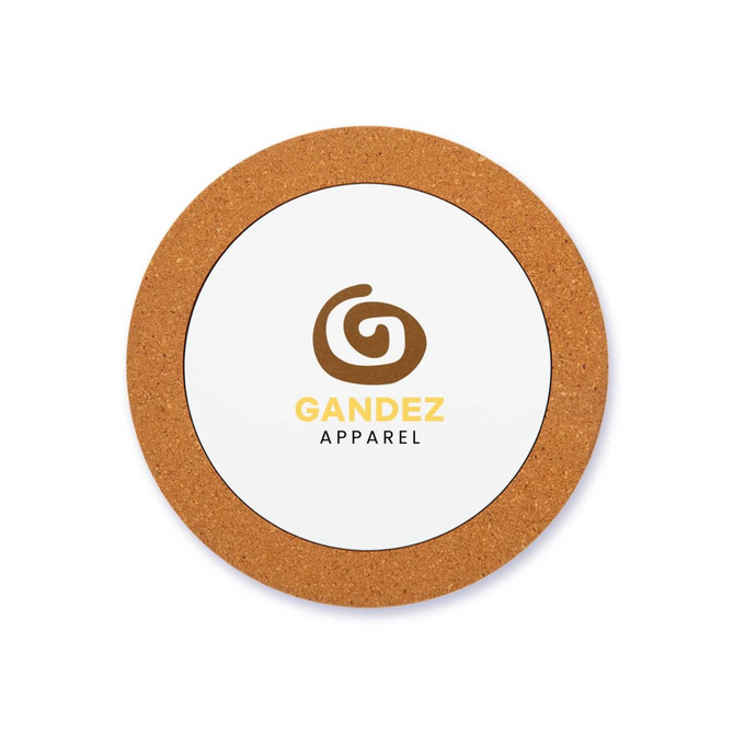 A cork coaster featuring a circular design with a white centre and a logo in brown and yellow.