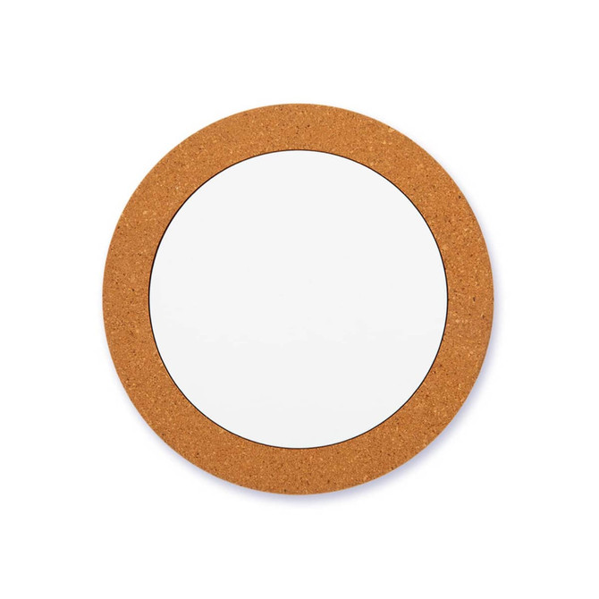 A round wireless charger with a cork texture border and a smooth white centre, featuring a logo.