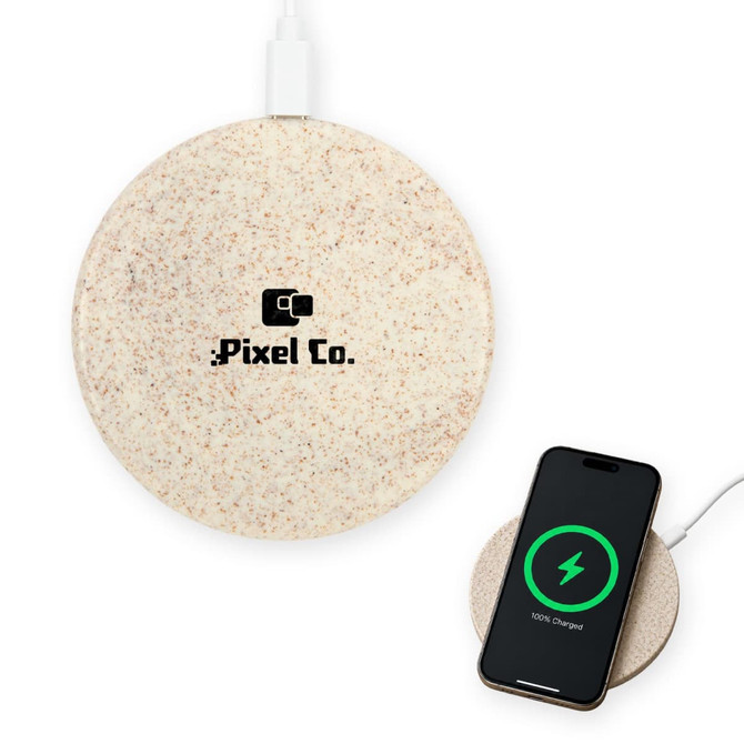 A round, sandy-coloured wireless charger with a logo, beside a smartphone displaying a charging icon.
